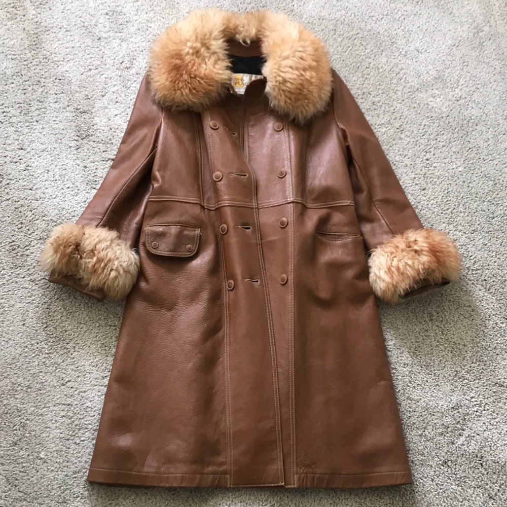 70s vintage long leather belted trench coat